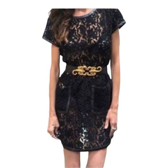 #321 PER SE BLACK LACE LEATHER TRIMMED MINI DRESS - Picture 4 of 7